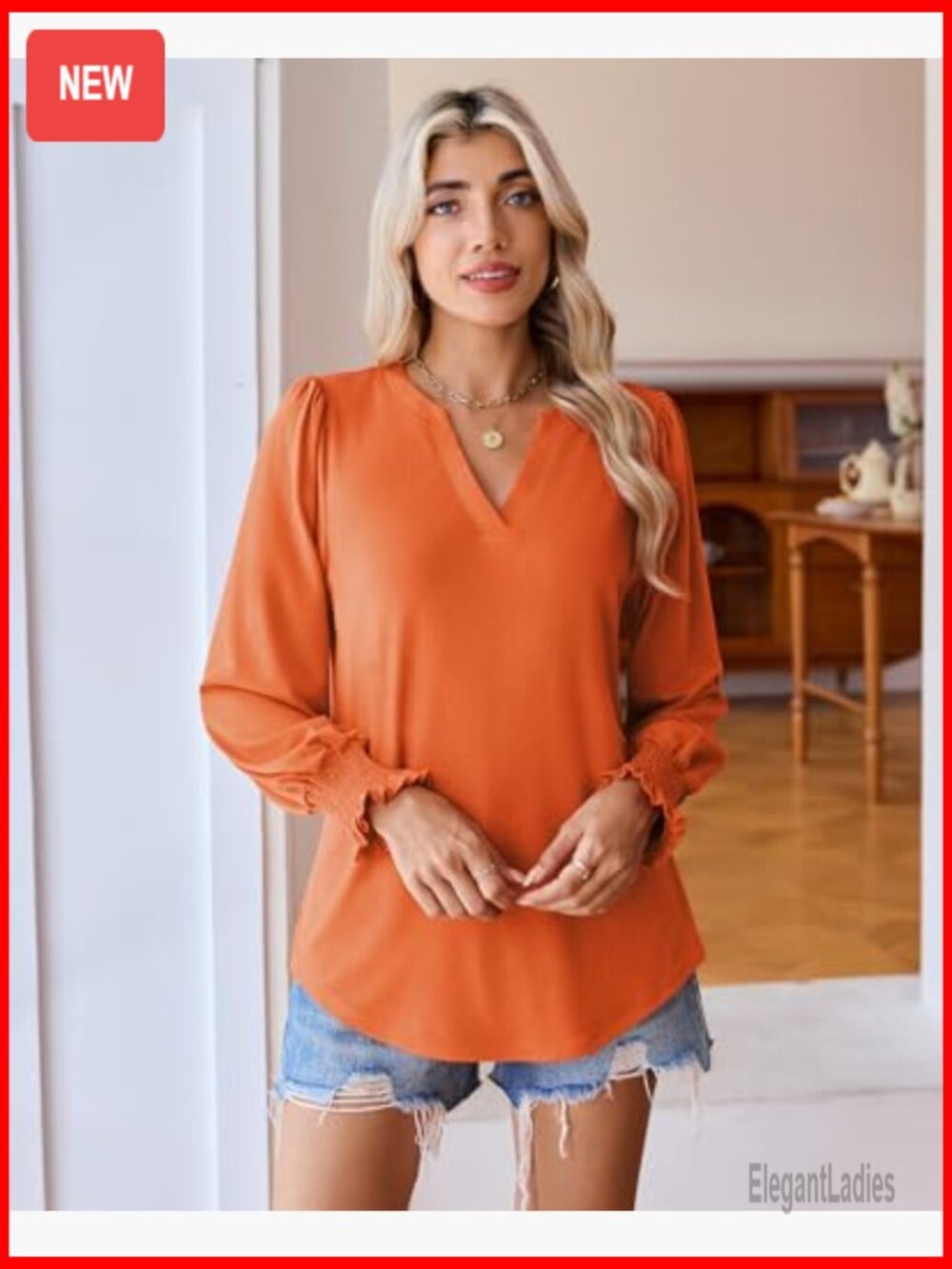Women's V-Neck Long Sleeve Tunic Blouse Dressy Casual Tops with Smocked Cuffs - Picture 3 of 7